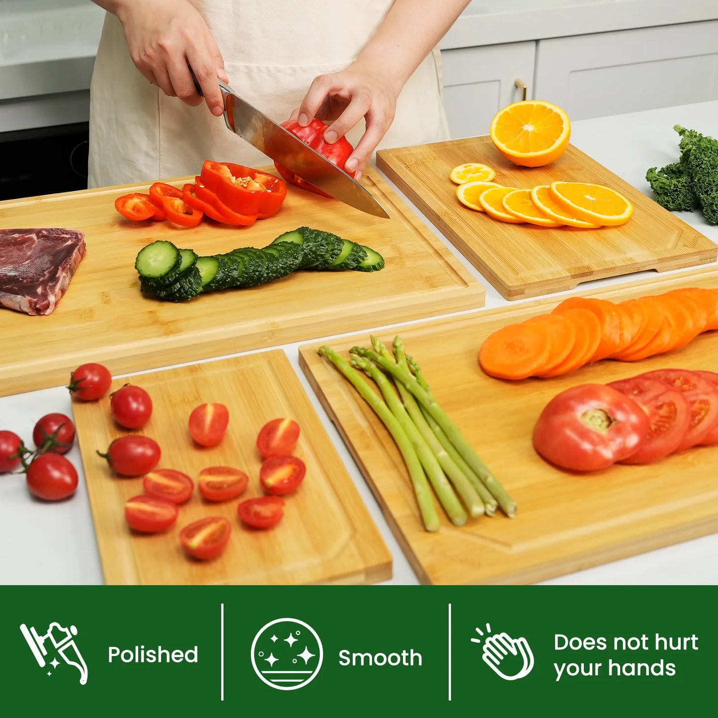 Kikcoin Bamboo Cutting Board Set Heavy Duty Juice Groove