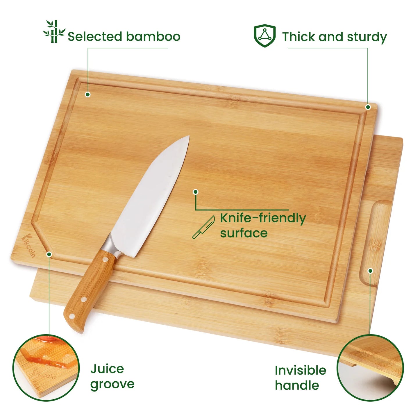 Kikcoin Bamboo Cutting Board Set Heavy Duty Juice Groove