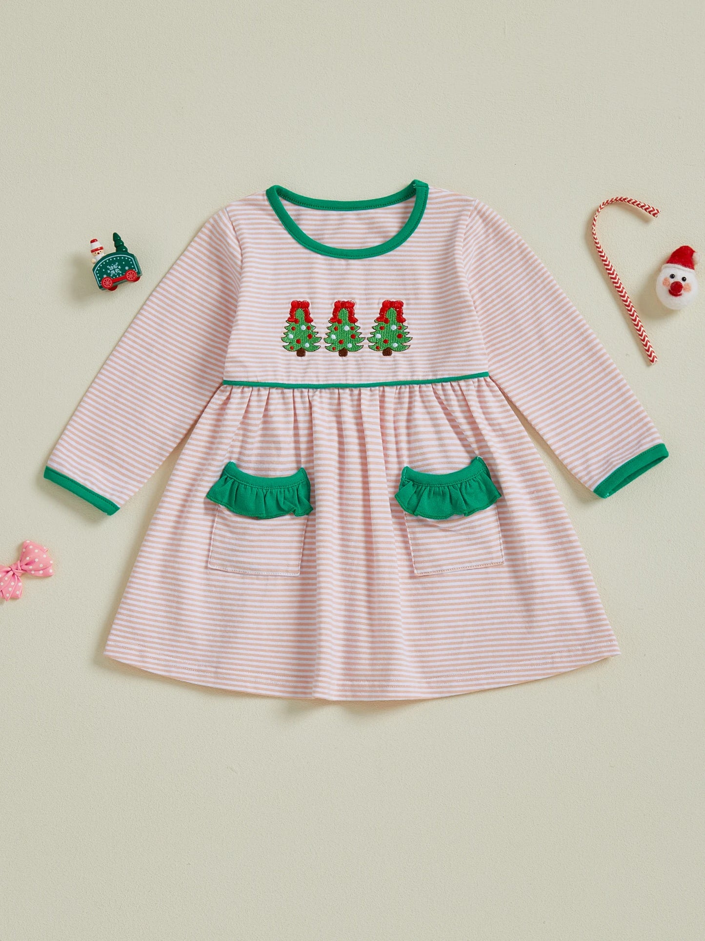 Baby Girl Holiday Plaid Dress With Reindeer Embroidery Bow