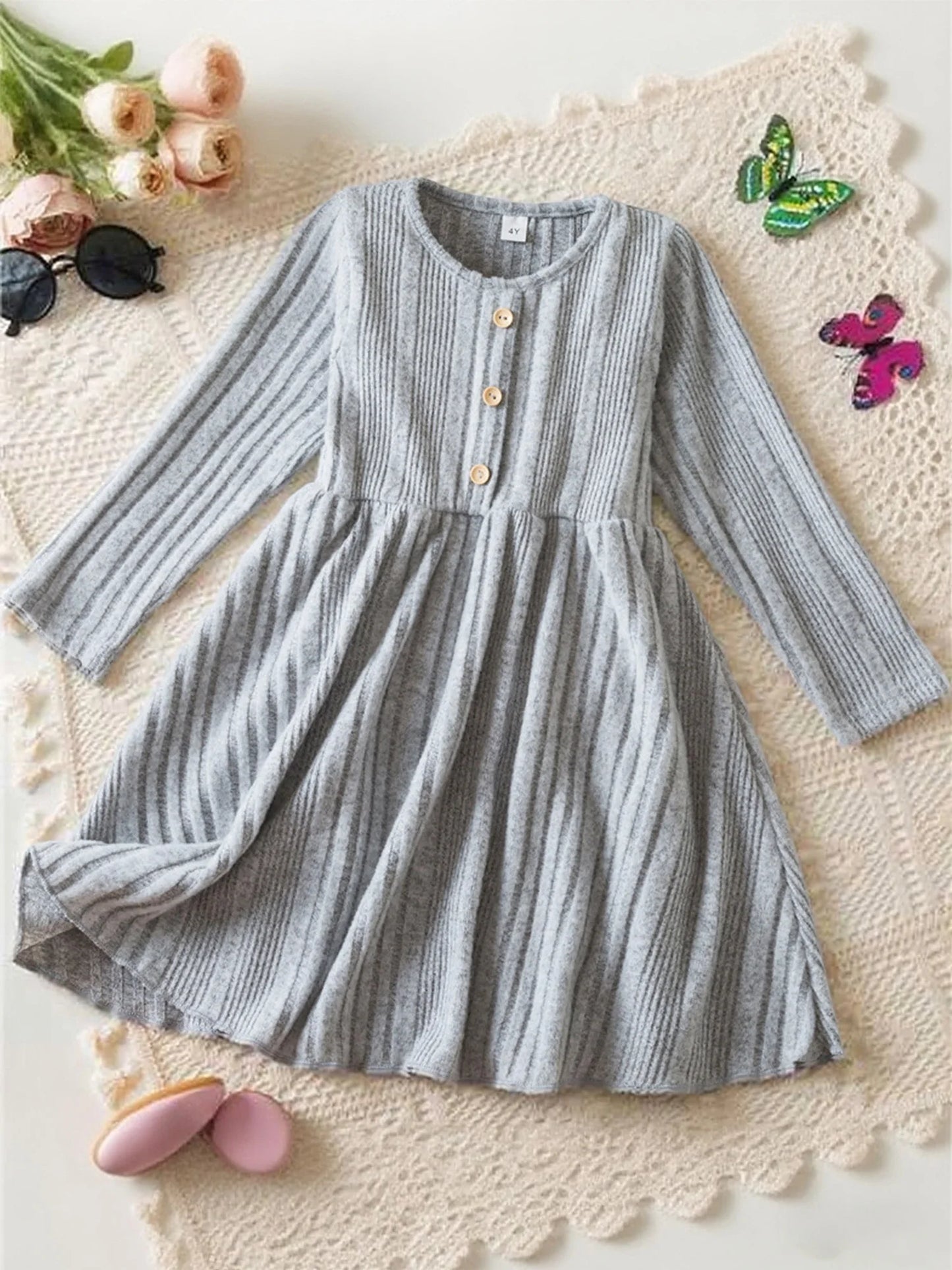 Emmababy Toddler Knit Dress With Embroidery And Ruffle Hem