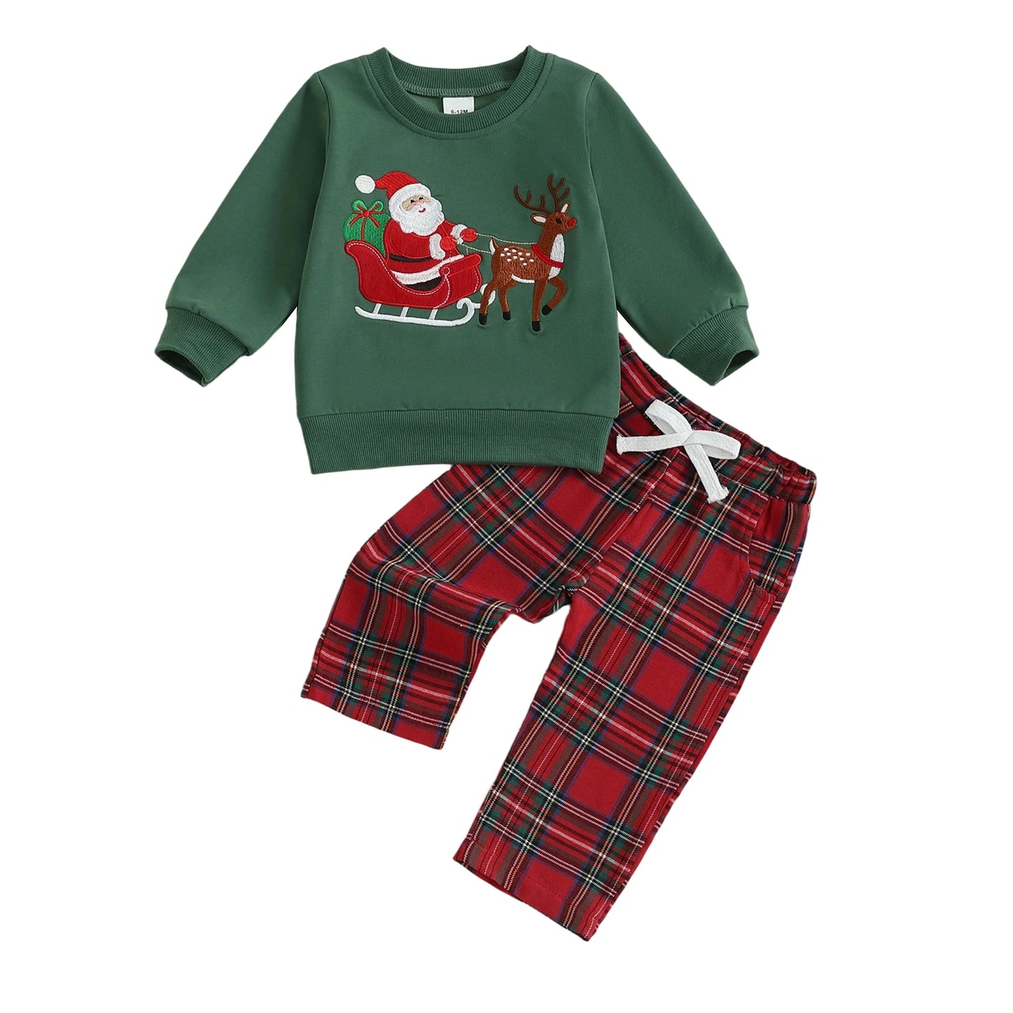 Premium BabyBoyHoliday ChristmasReindeer AppliqueKnit Sweater Tartan Jogger TwoPiece OutfitSet Collection