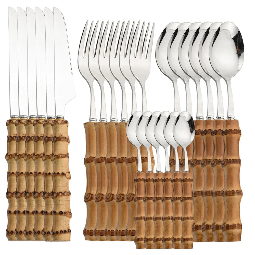 Natural Bamboo Tableware Set With Stainless Steel Cutlery