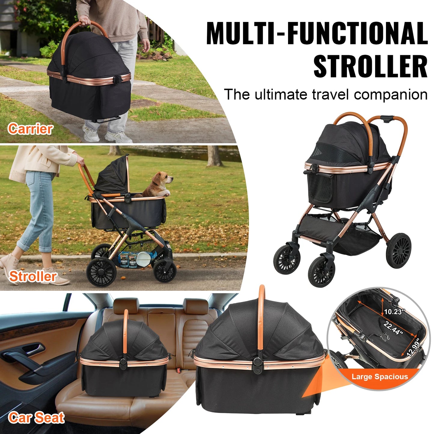 Foldable Dog Stroller with Brakes and Detachable Carrier