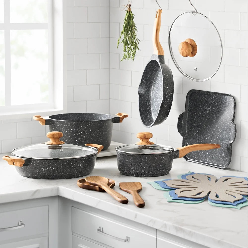 14 Piece Nonstick Cast Aluminum Cookware Set with Glass Lids