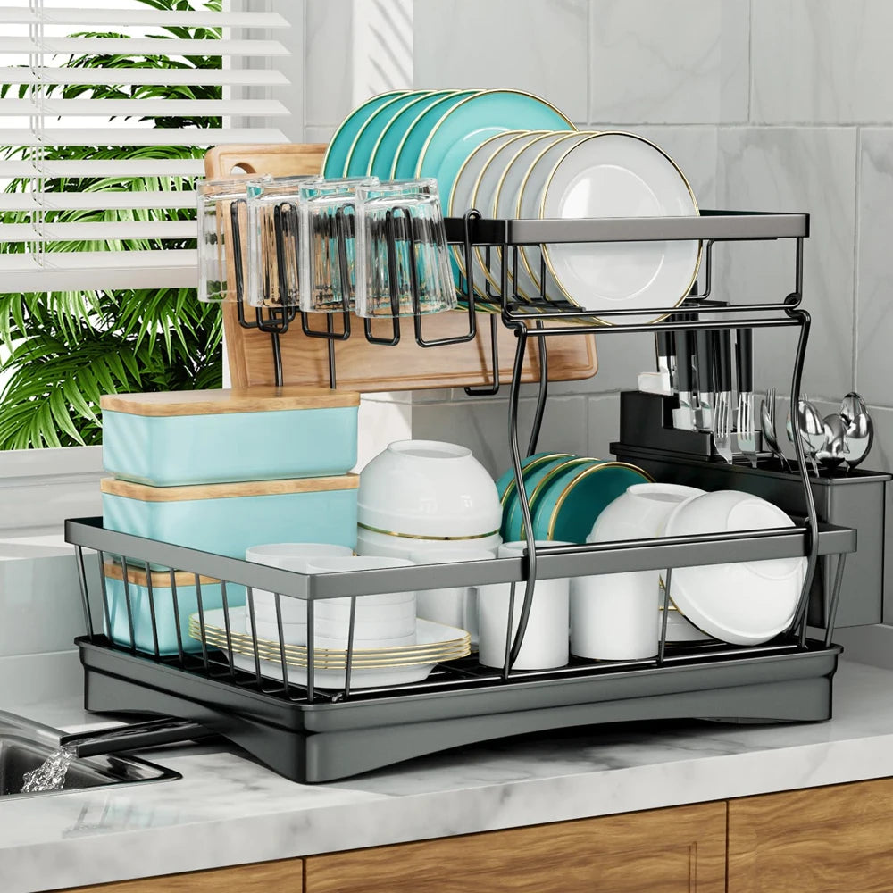 Hign-concerned Two-Tier Dish Drying Rack Metal for Kitchen