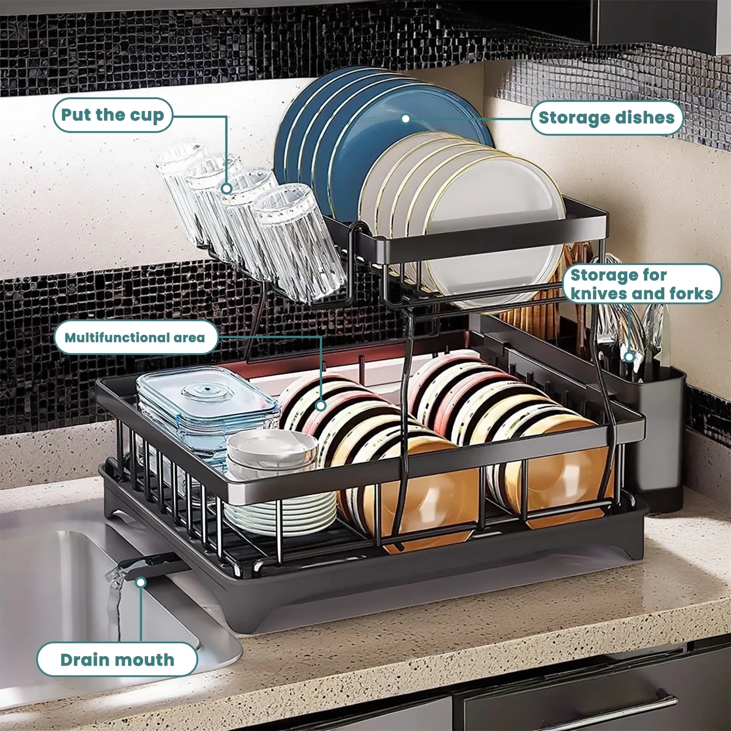 Hign-concerned Two-Tier Dish Drying Rack Metal for Kitchen