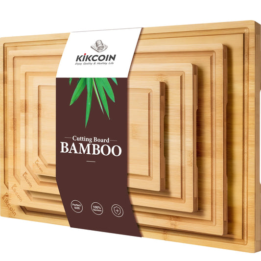 Kikcoin Bamboo Cutting Board Set Heavy Duty Juice Groove