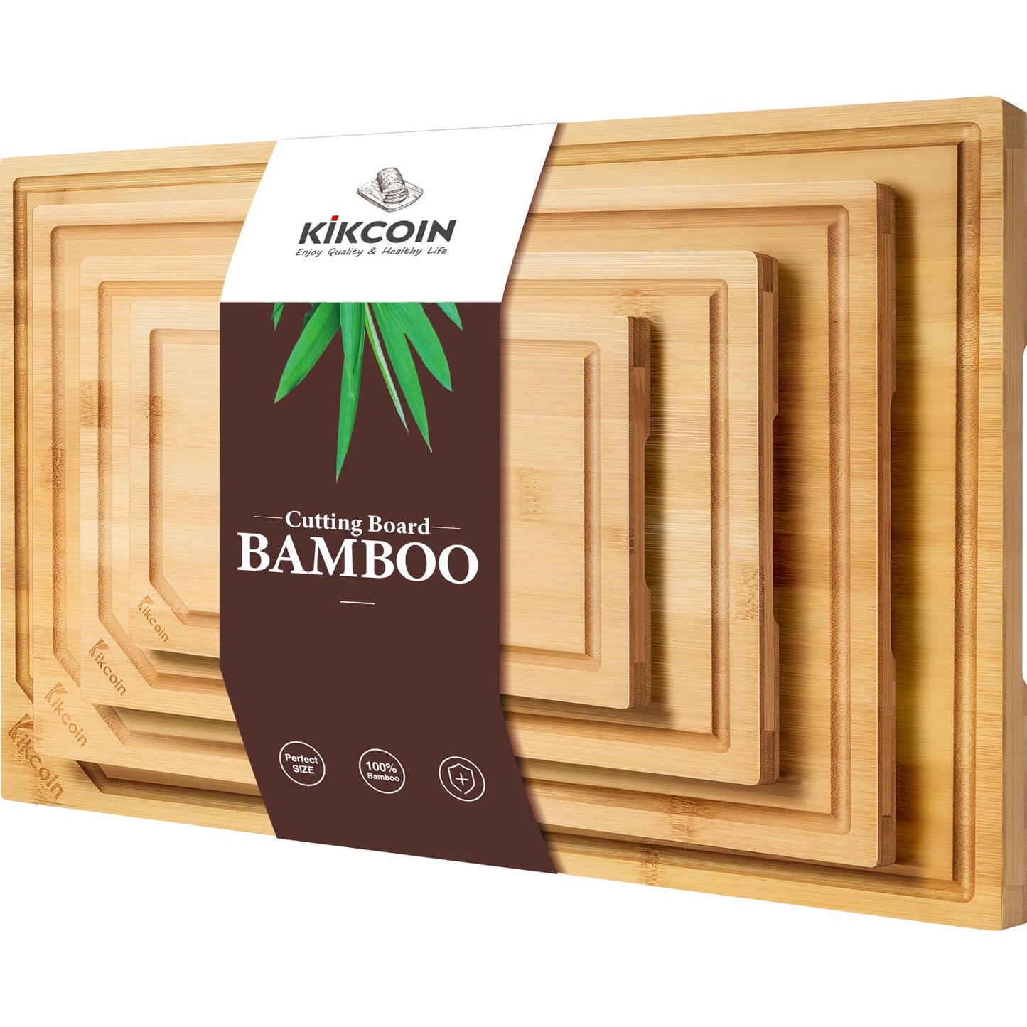 Kikcoin Bamboo Cutting Board Set Heavy Duty Juice Groove