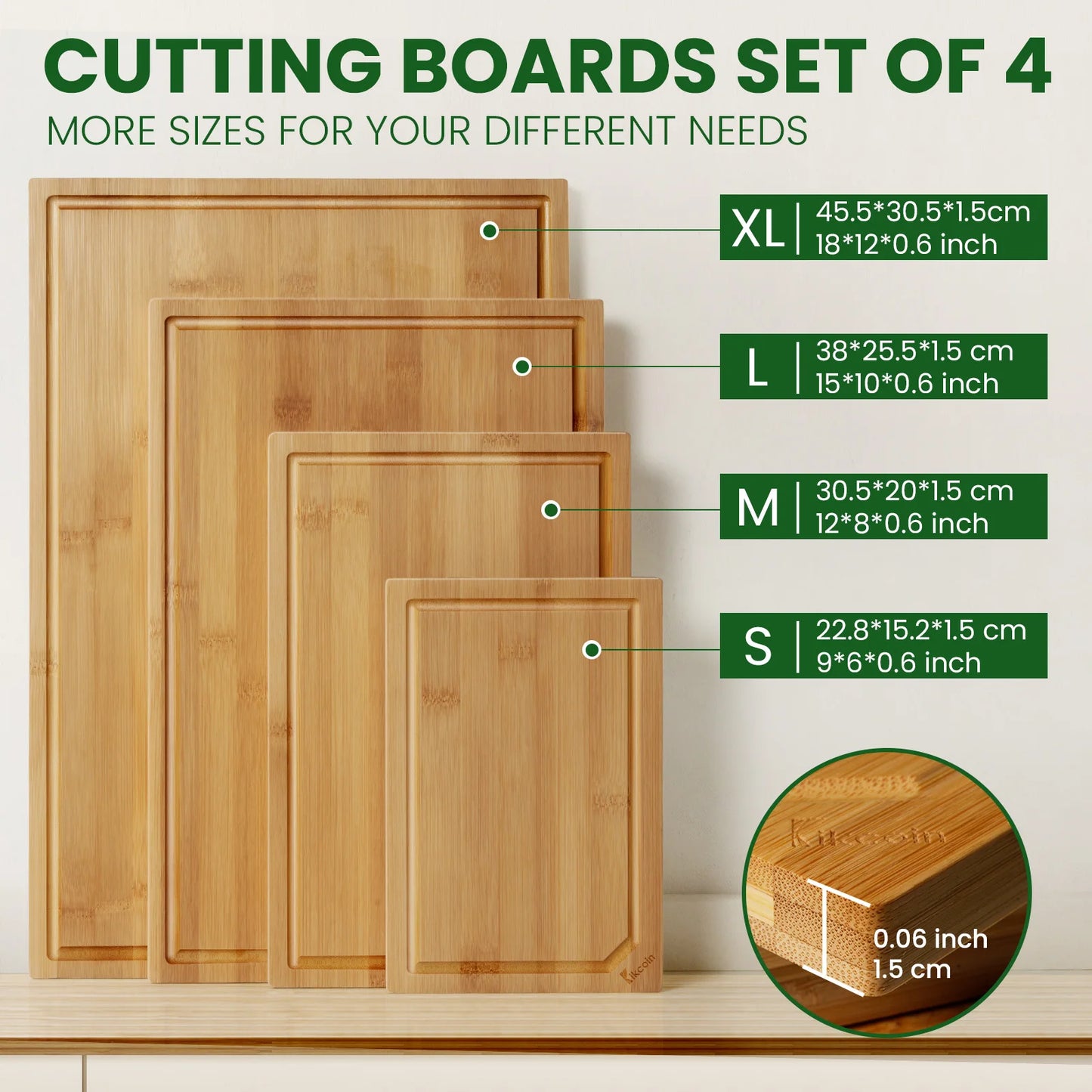 Kikcoin Bamboo Cutting Board Set Heavy Duty Juice Groove