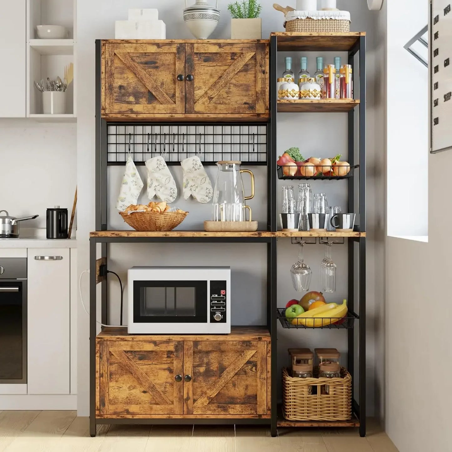 Bakers Rack With Power Outlet And Storage Cabinets