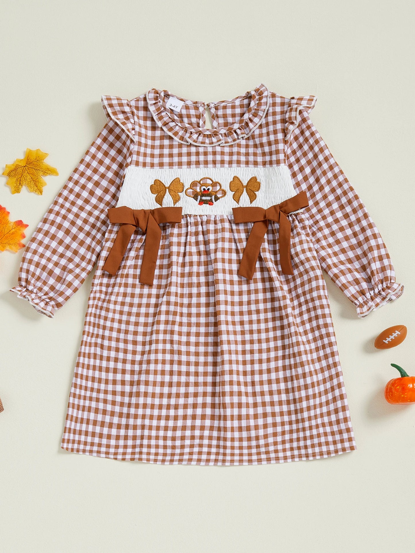 Girls Plaid Embroidery Turkey Thanksgiving Dress With Long Sleeve