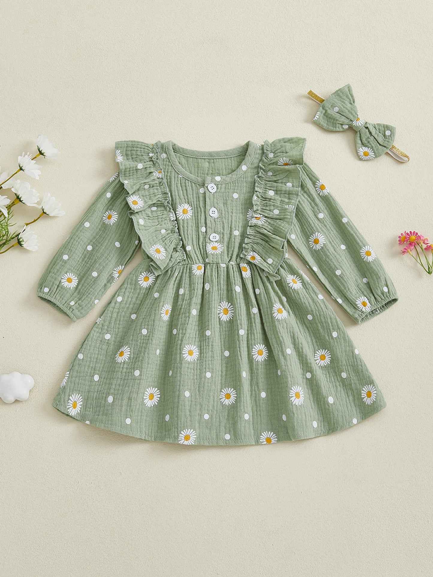 Girls Fall Floral Dress With Flutter Sleeves Headband