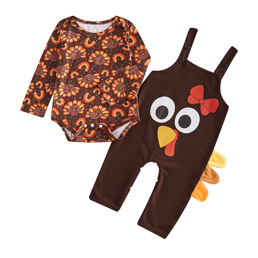 Pudcoco Baby Thanksgiving Two Piece Turkey Print Romper