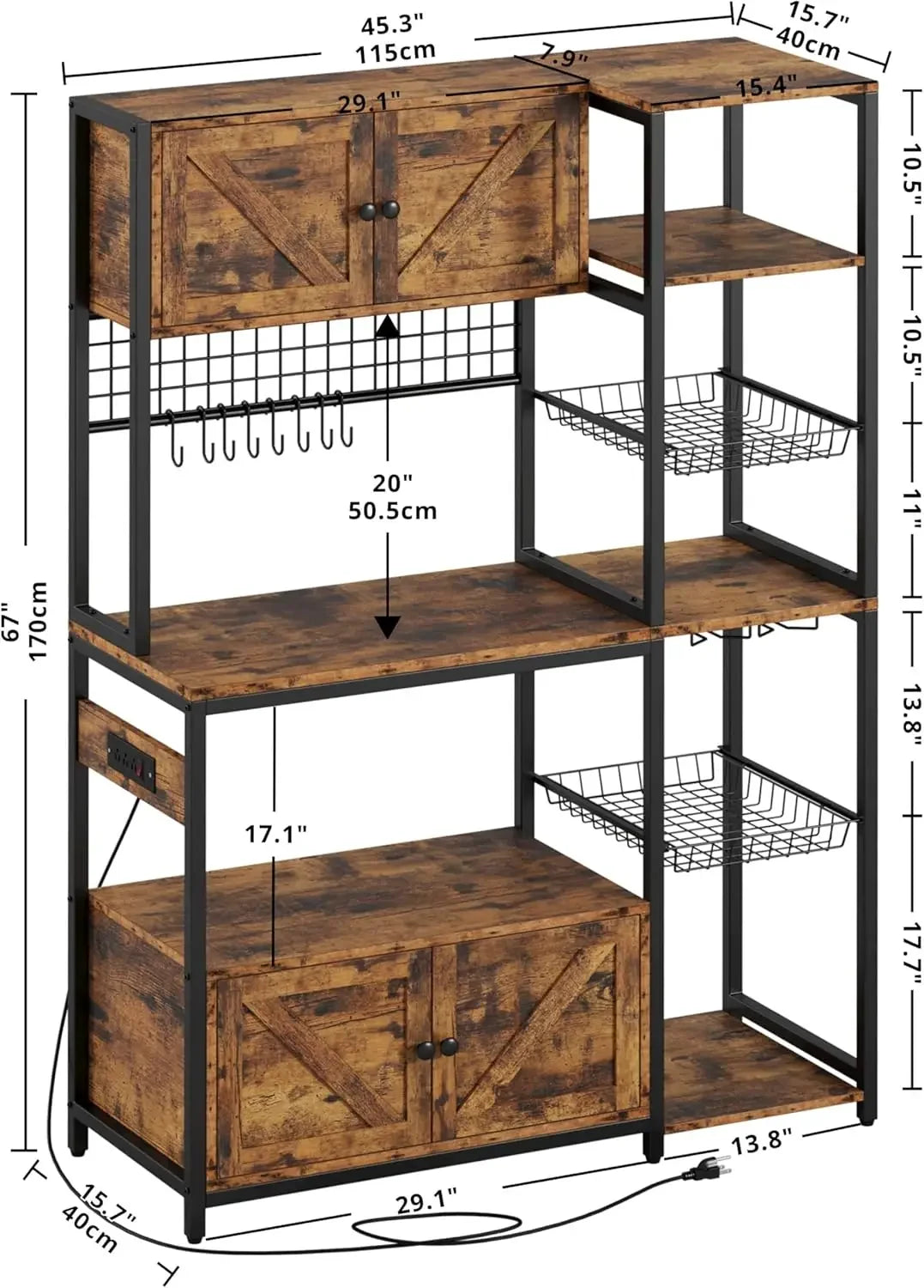Bakers Rack With Power Outlet And Storage Cabinets