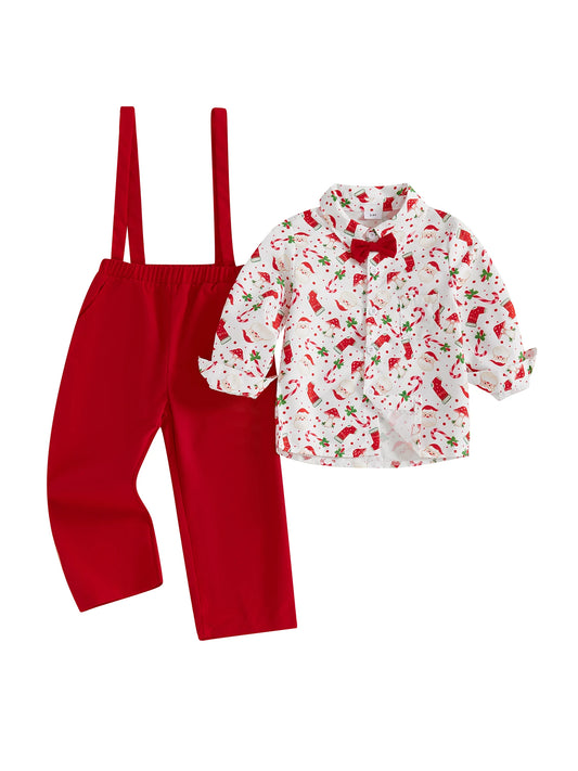 Guangdong Gingerbread Print Shirt And Overalls Set For Boys