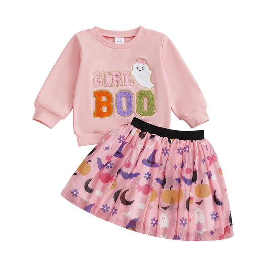 Girls Halloween Ghost Embroidery Tulle Skirt Outfit Set