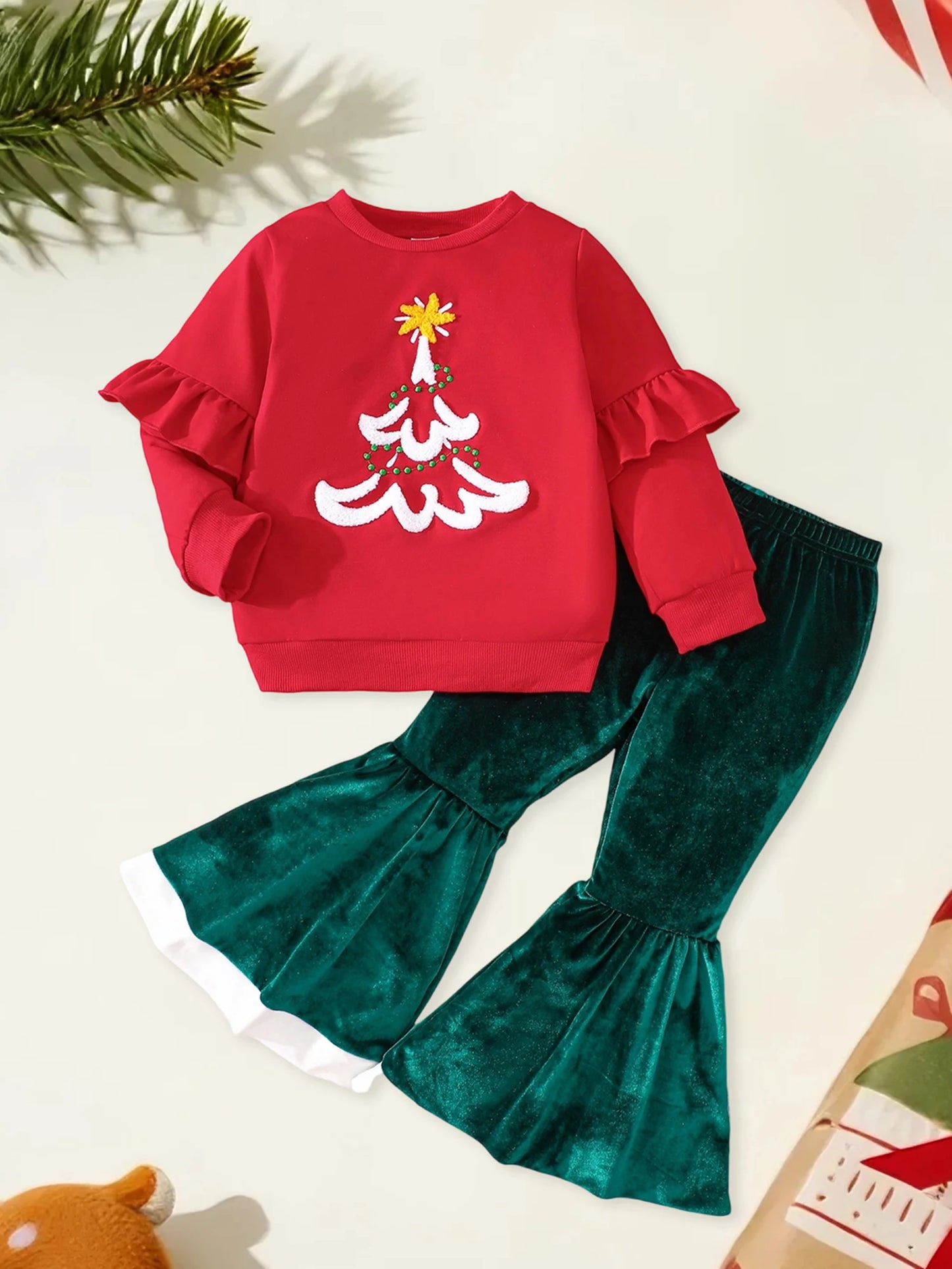 CN Guangdong Yuletide ApparelBundle Set With EmbroideredTreeSweatshirtPantsForKids