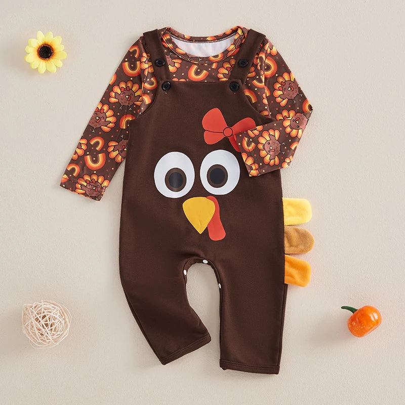 Pudcoco Baby Thanksgiving Two Piece Turkey Print Romper