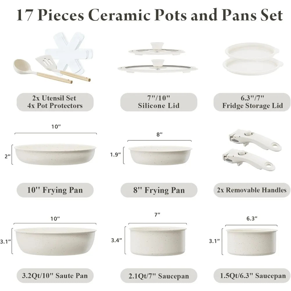 Healthy Ceramic Nonstick Cookware Set Removable Handles