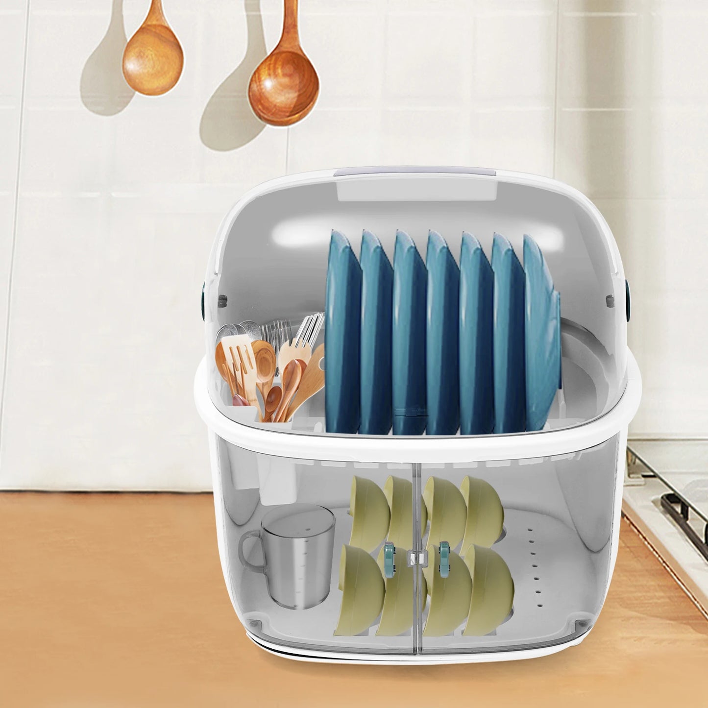 Two Tier Plastic Dish Drying Rack With Dust Cover System