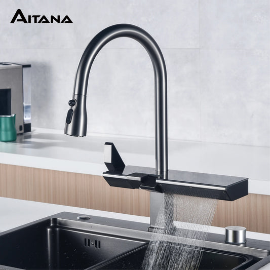 Luxury Brass Kitchen Faucet with Pull-Out Design and Waterfall Outlet