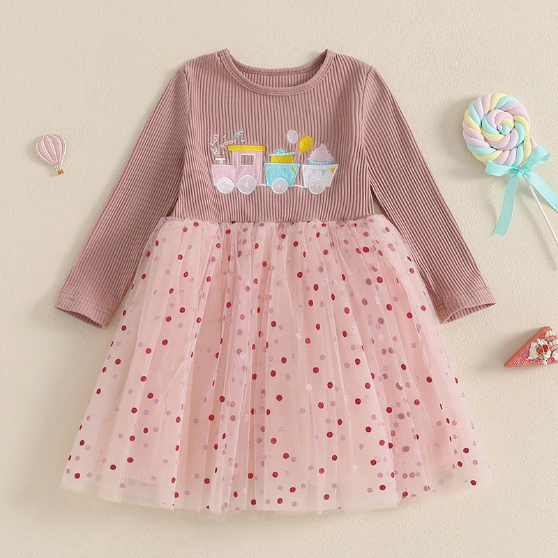 Toddler Girl Princess Dress Floral Embroidery Tulle Sleeves
