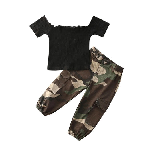 Pudcoco Toddler Girl Boat Neck Crop Top Camouflage Pants