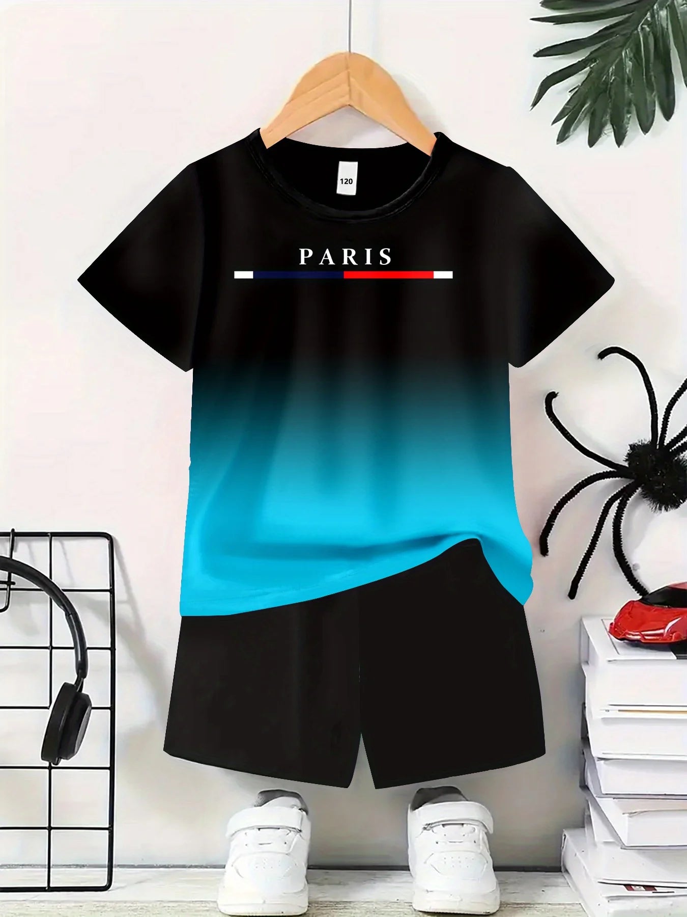 CN Jiangxi Boys Paris Print Polyester T Shirt And Shorts