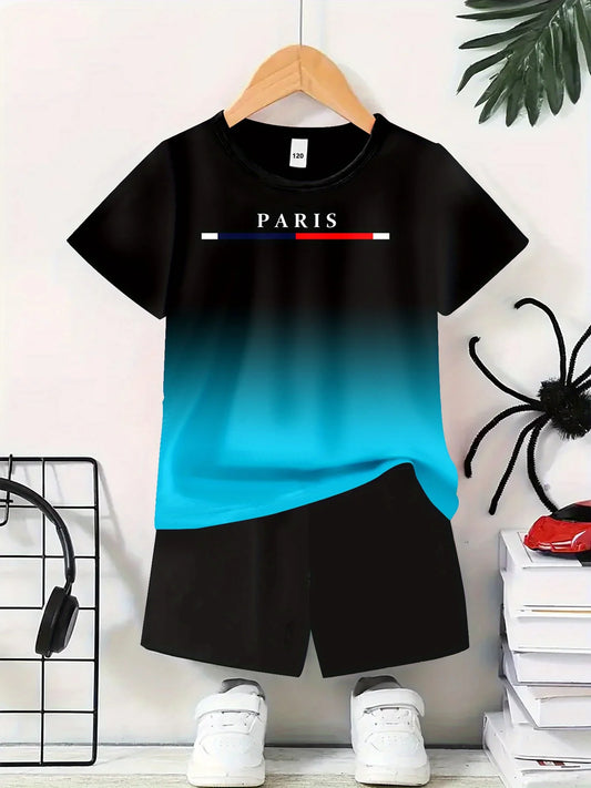 CN Jiangxi Boys Paris Print Polyester T Shirt And Shorts