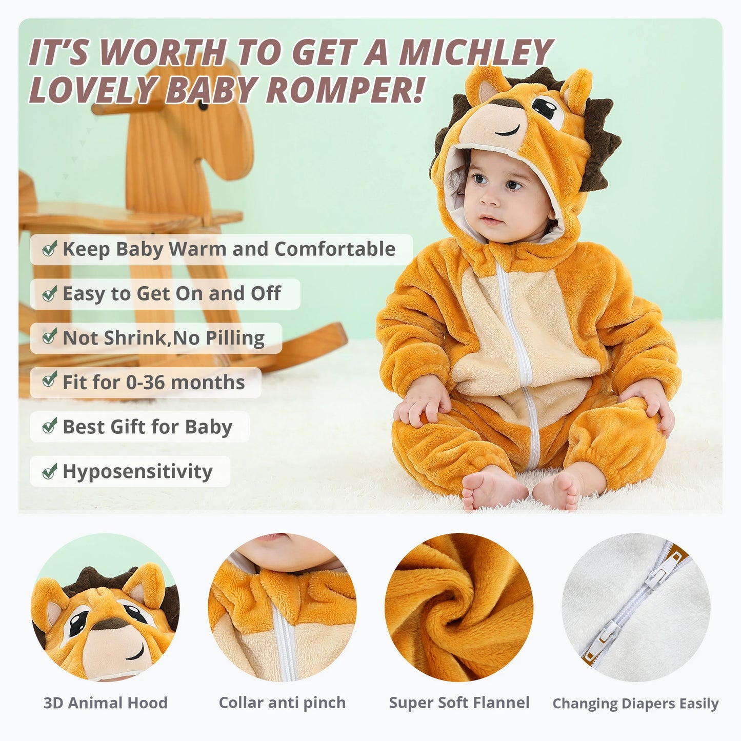 MICHLEY Halloween Dinosaur Baby Rompers Hooded Flannel