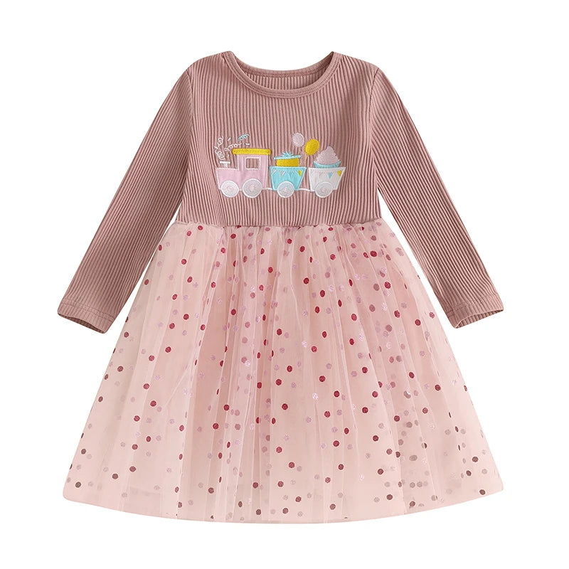 Toddler Girl Princess Dress Floral Embroidery Tulle Sleeves