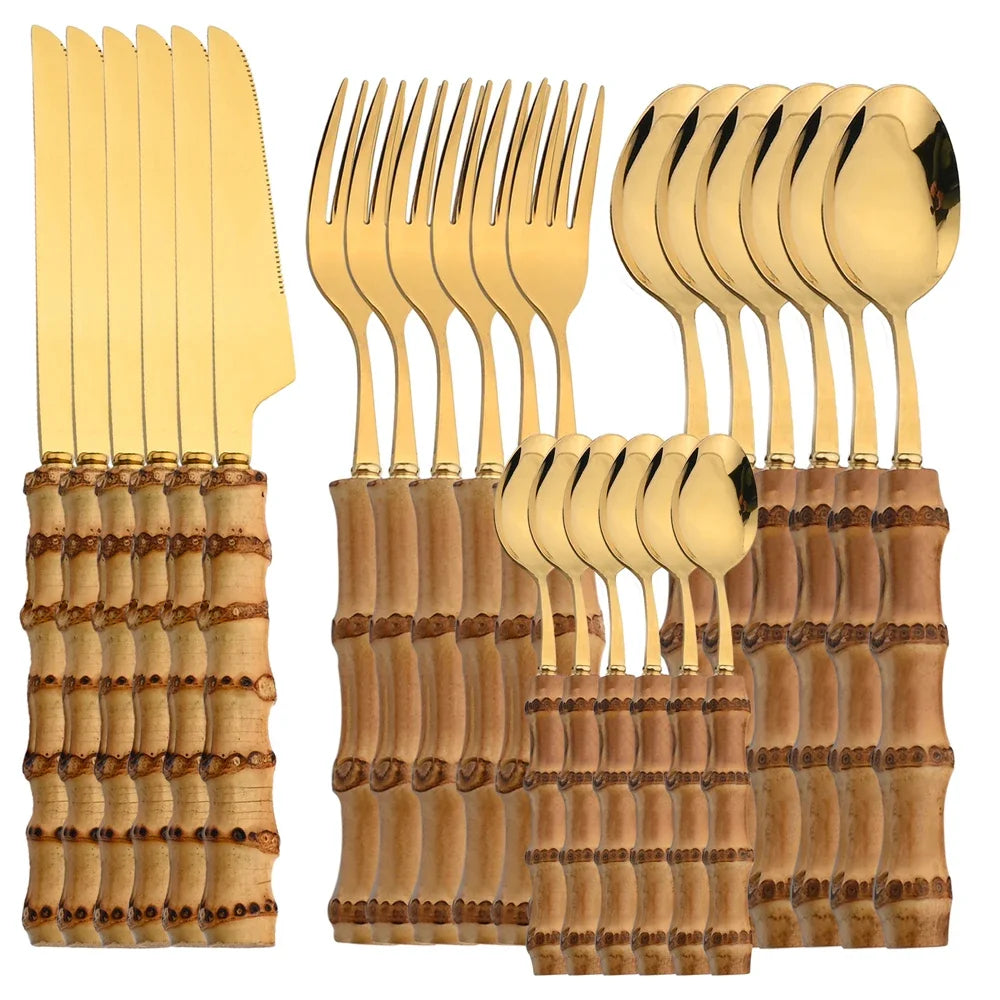 Natural Bamboo Tableware Set With Stainless Steel Cutlery