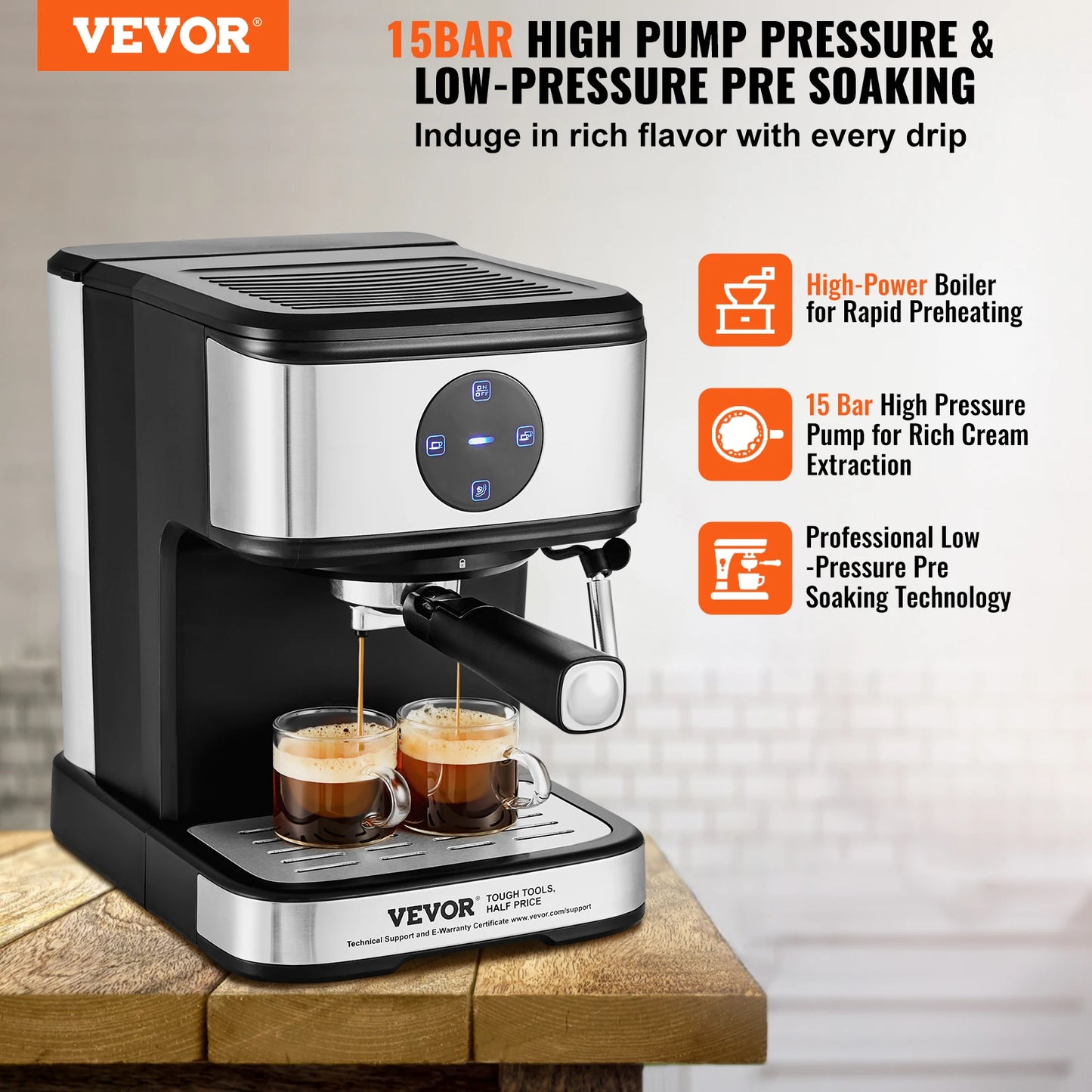 VEVOR 15 Bar Espresso Machine with Milk Frother Steam Wand