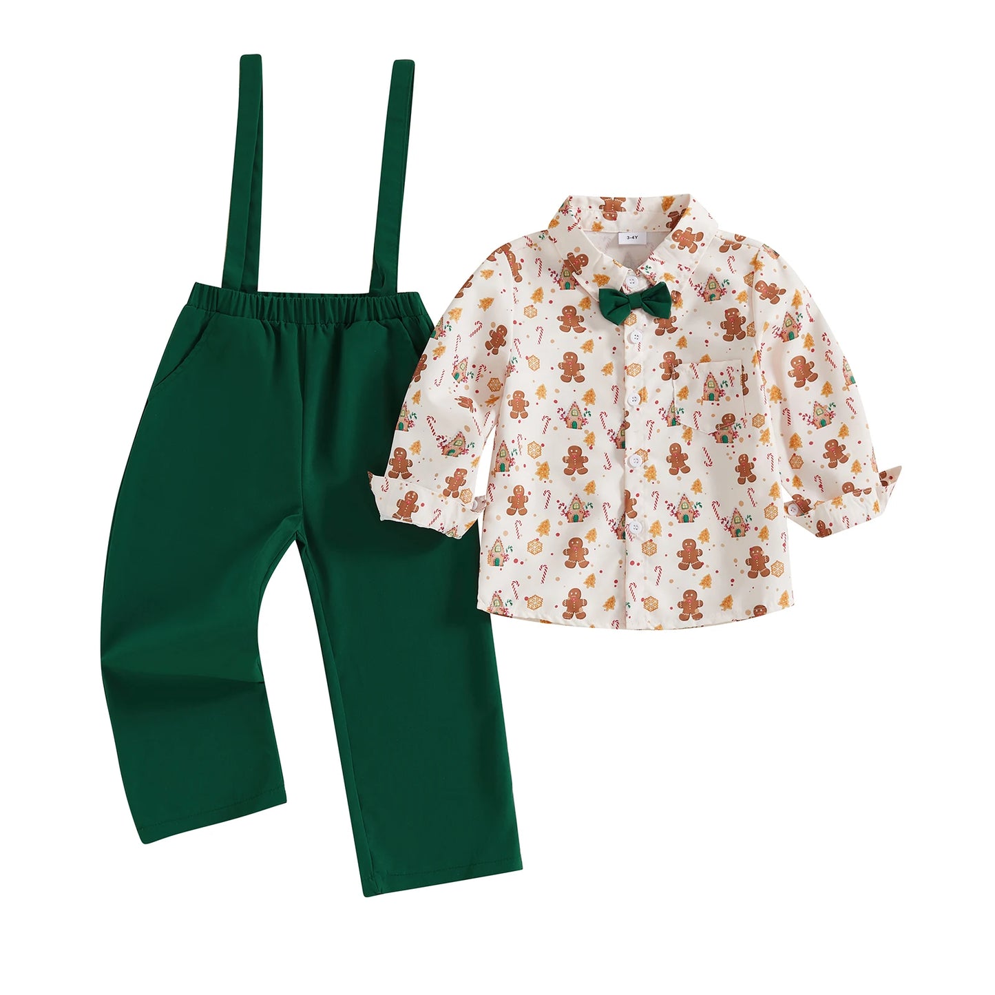 Guangdong Gingerbread Print Shirt And Overalls Set For Boys