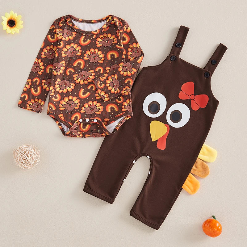 Pudcoco Baby Thanksgiving Two Piece Turkey Print Romper