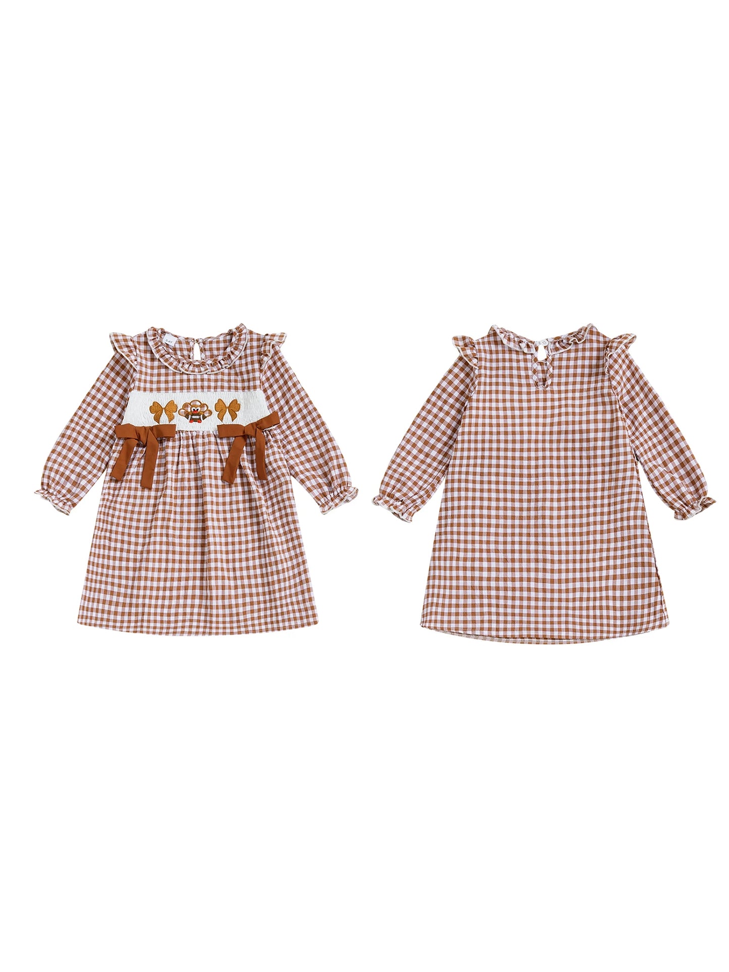 Girls Plaid Embroidery Turkey Thanksgiving Dress With Long Sleeve