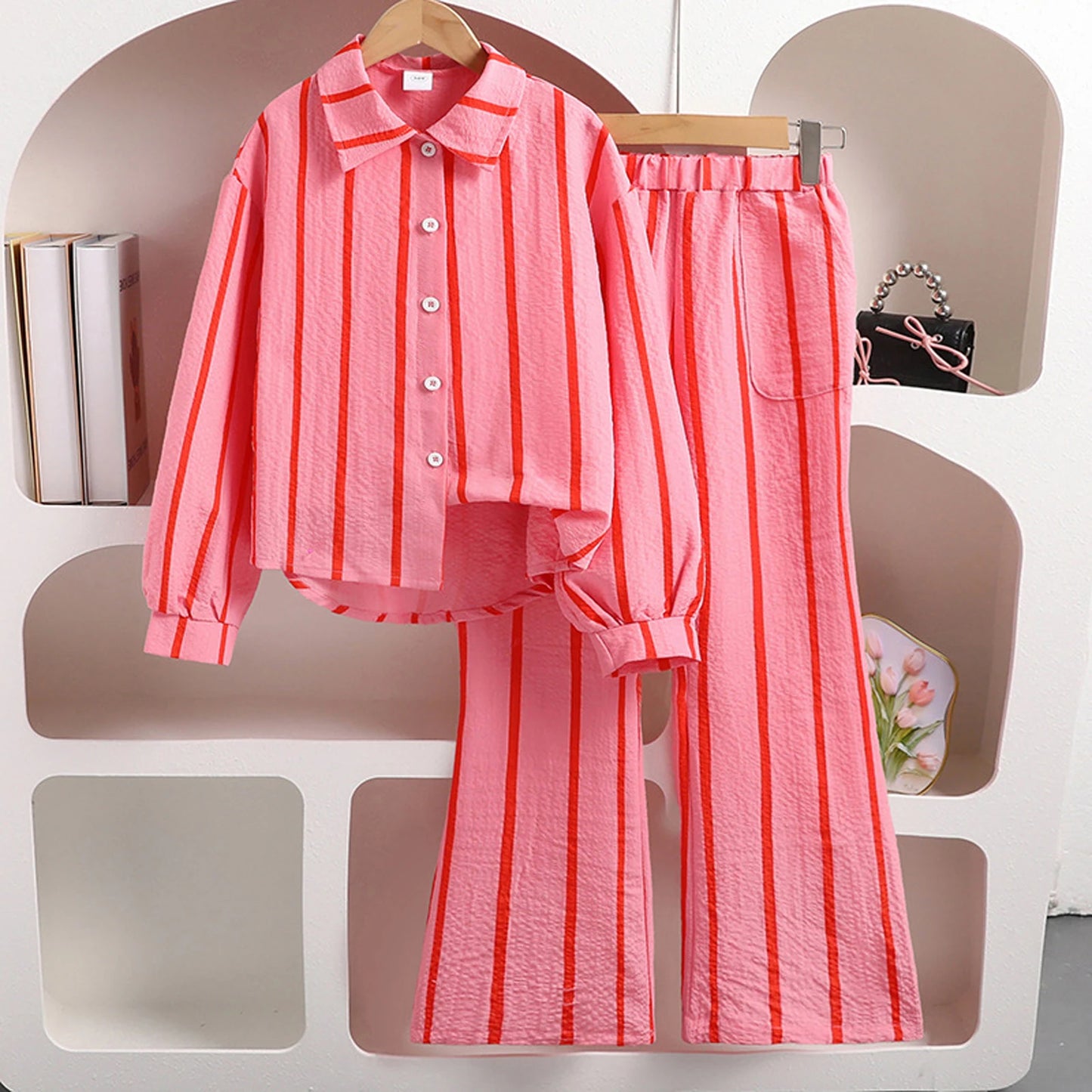 Girls 2 Piece Fall Outfit Set Long Sleeve Striped Top Pants