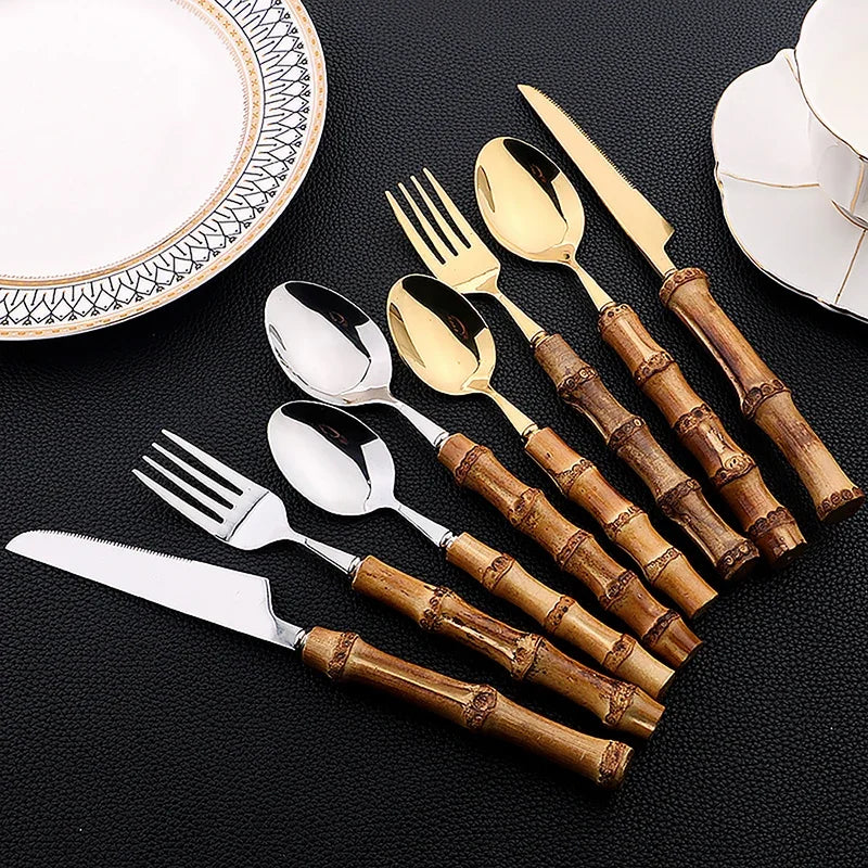 Natural Bamboo Tableware Set With Stainless Steel Cutlery