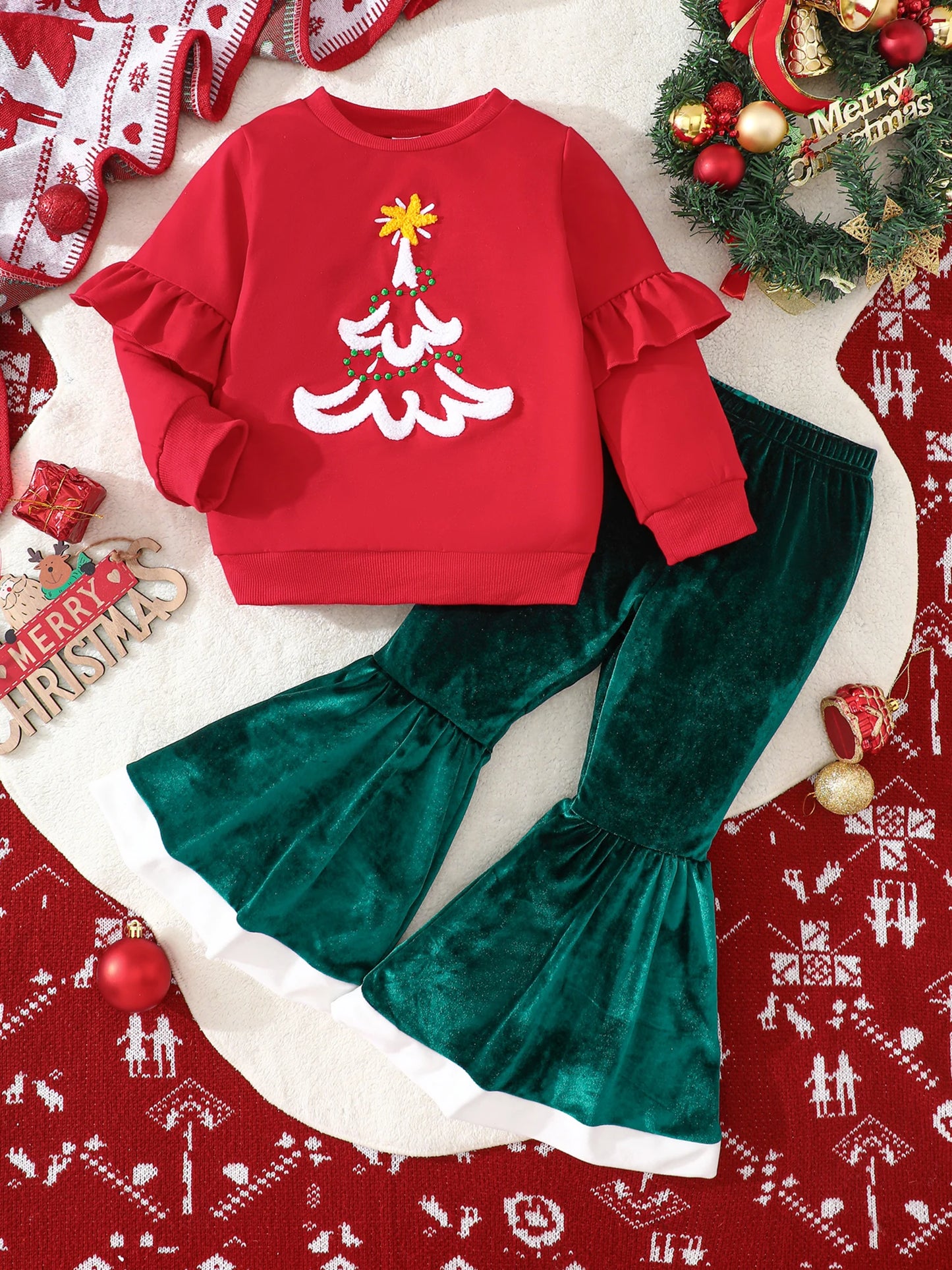 CN Guangdong Yuletide ApparelBundle Set With EmbroideredTreeSweatshirtPantsForKids