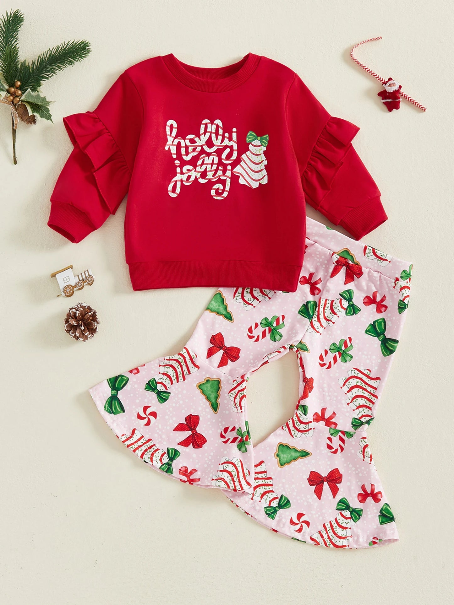 Cute Baby Girl Winter Clothes Set Bow Print Flare Pants