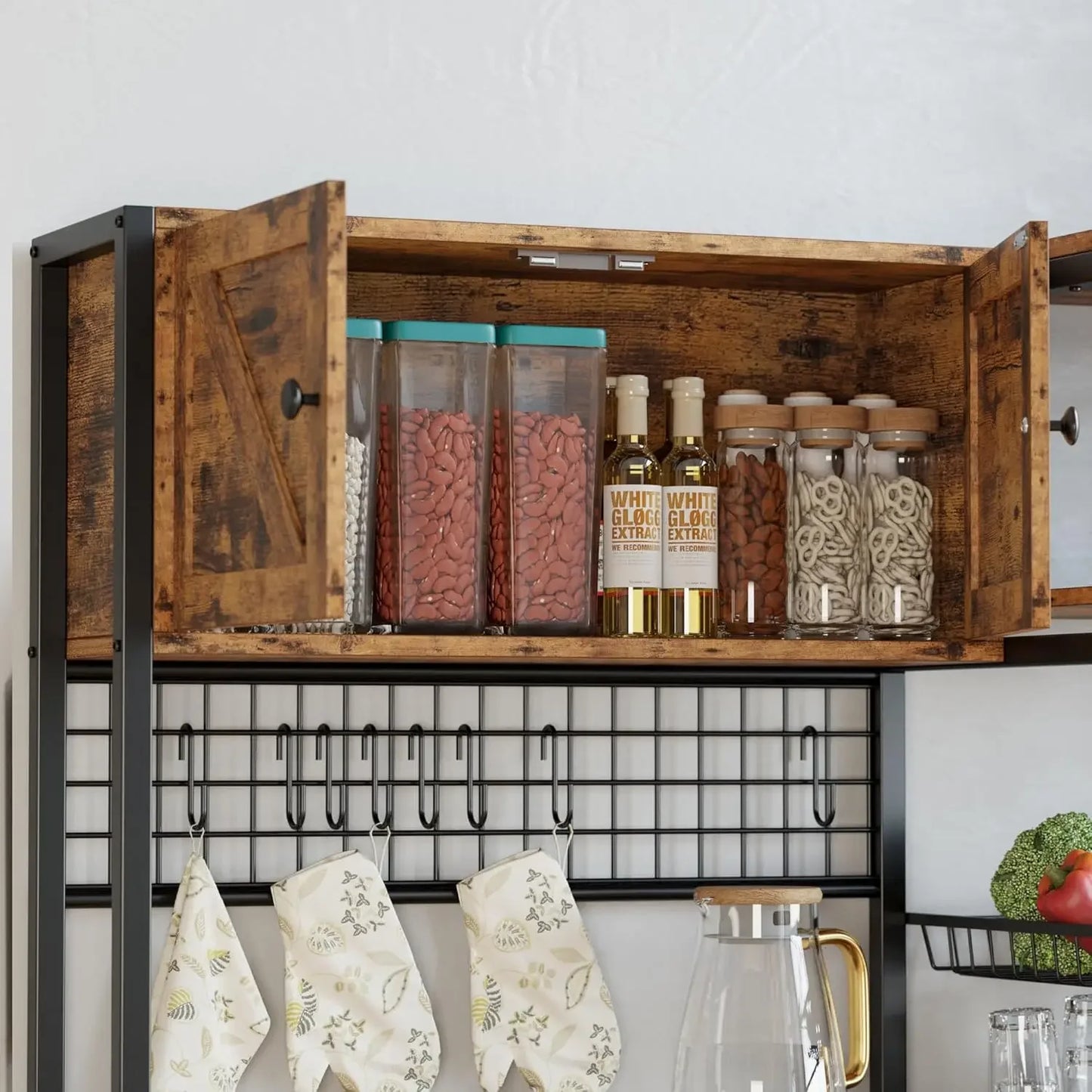 Bakers Rack With Power Outlet And Storage Cabinets