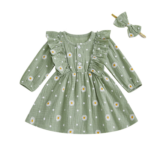 Girls Fall Floral Dress With Flutter Sleeves Headband