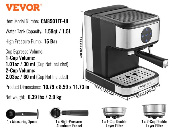 VEVOR 15 Bar Espresso Machine with Milk Frother Steam Wand
