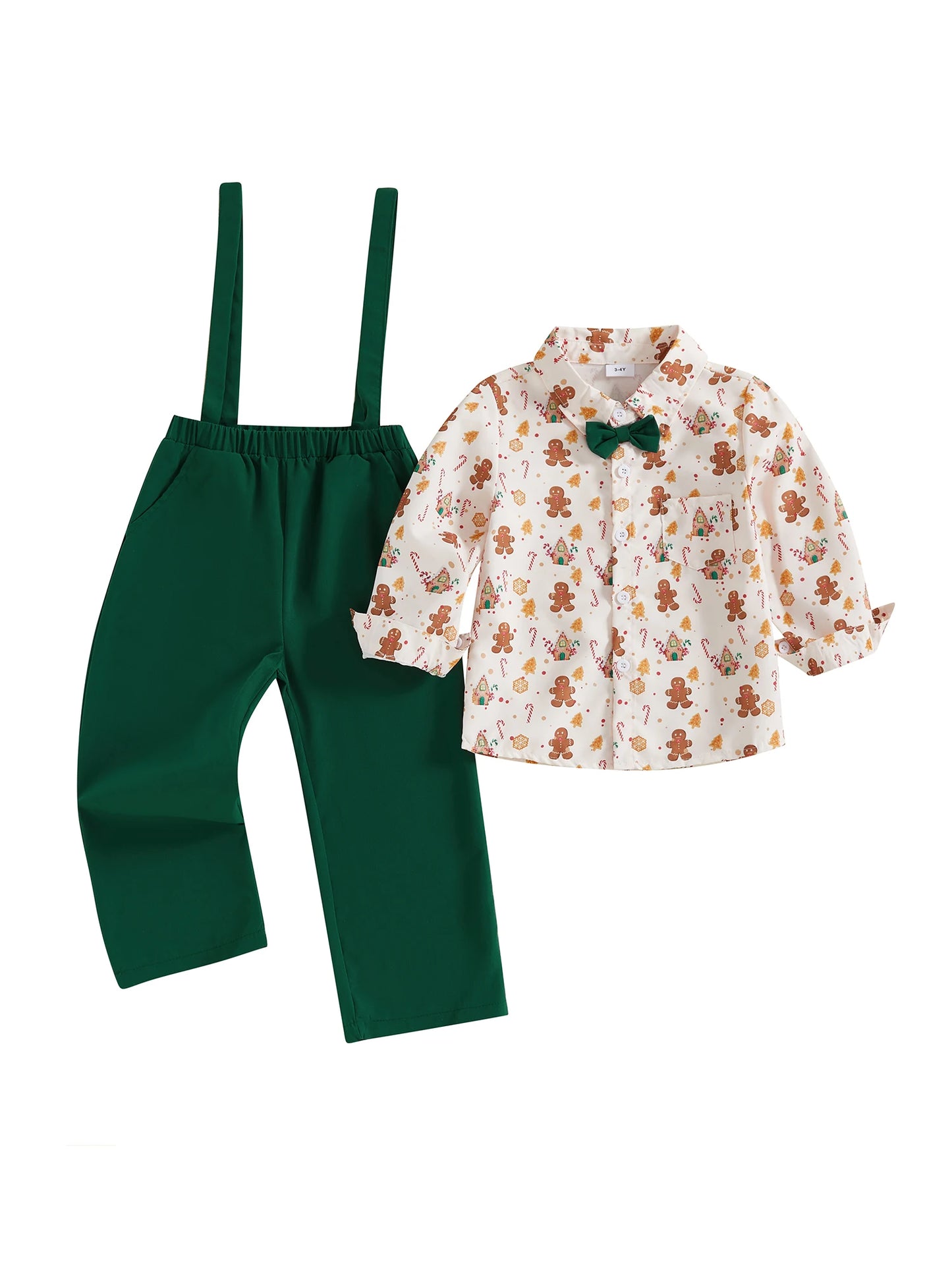 Guangdong Gingerbread Print Shirt And Overalls Set For Boys