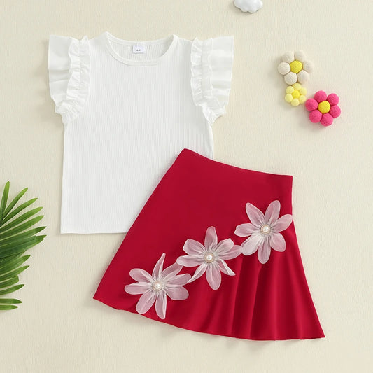 Emmababy Girls Summer Outfit Set Floral Skirt T Shirt Kids