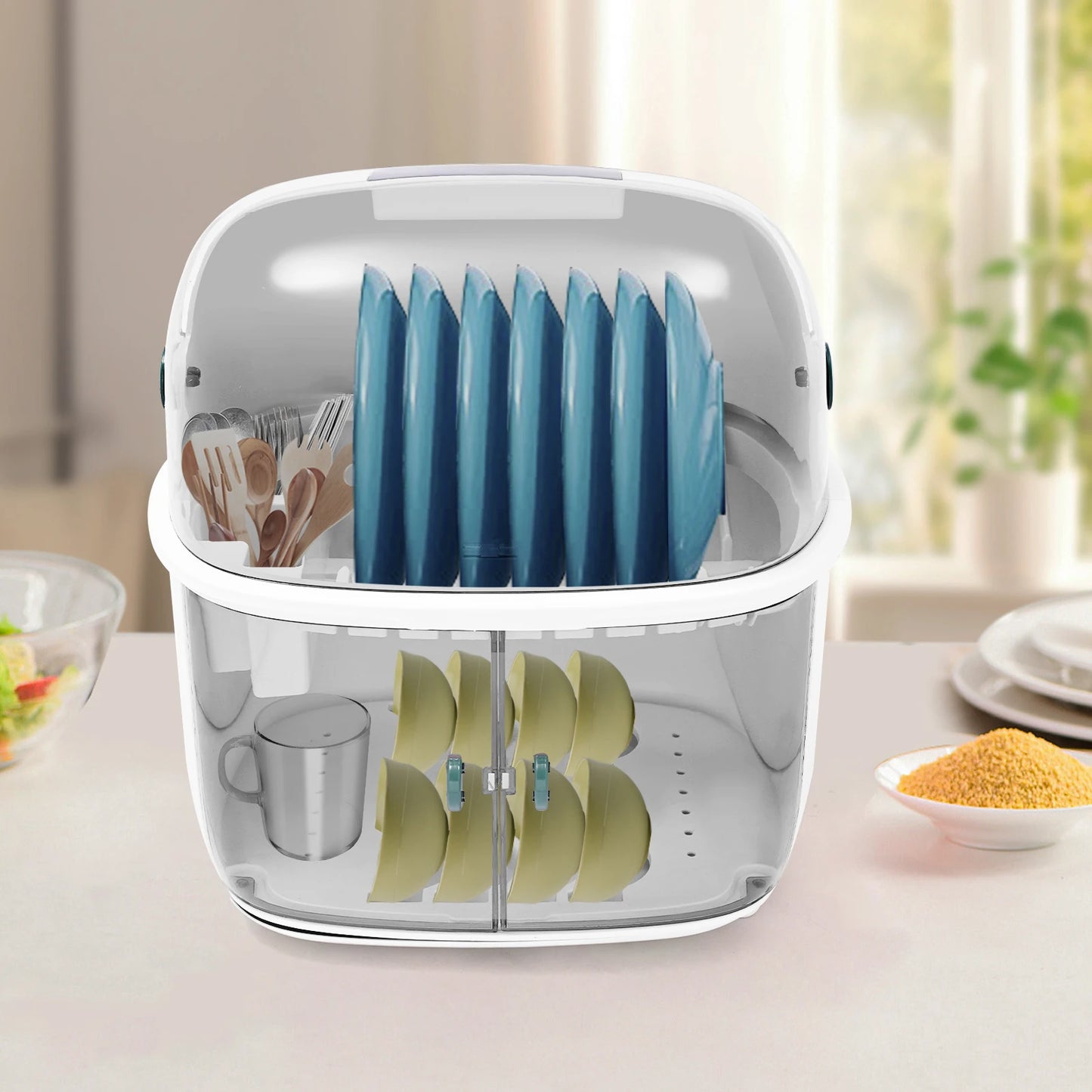 Two Tier Plastic Dish Drying Rack With Dust Cover System