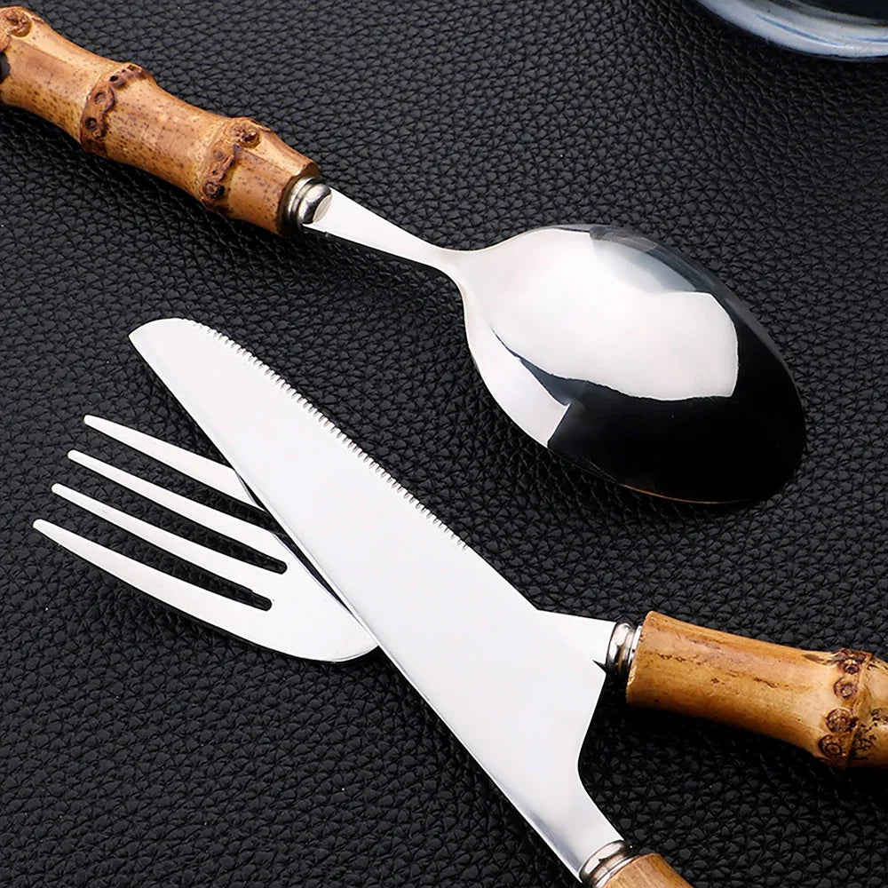 Natural Bamboo Tableware Set With Stainless Steel Cutlery