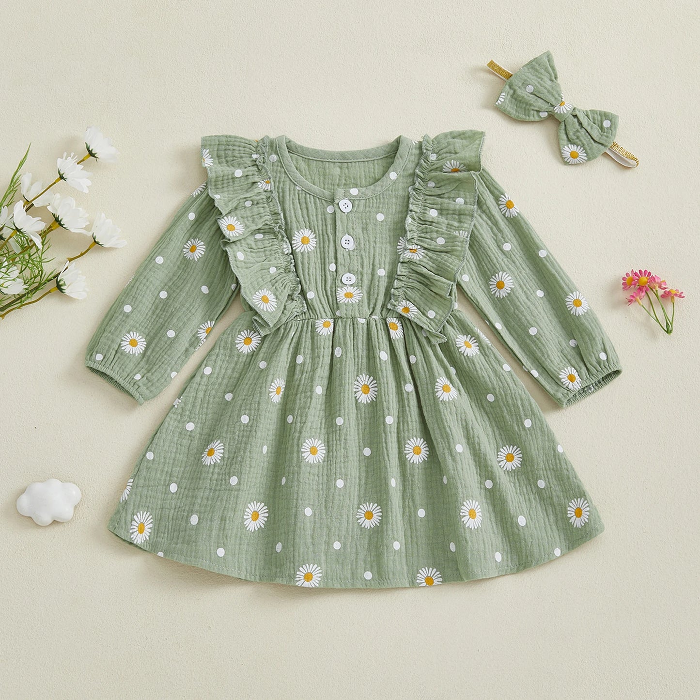 Girls Fall Floral Dress With Flutter Sleeves Headband