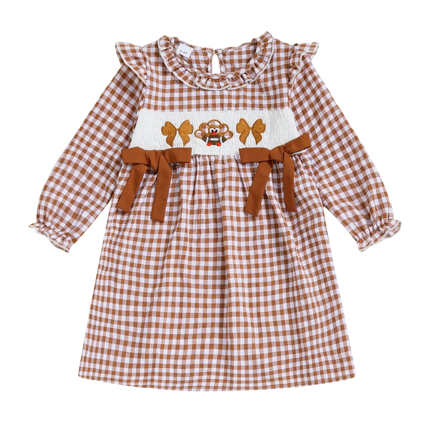 Girls Plaid Embroidery Turkey Thanksgiving Dress With Long Sleeve