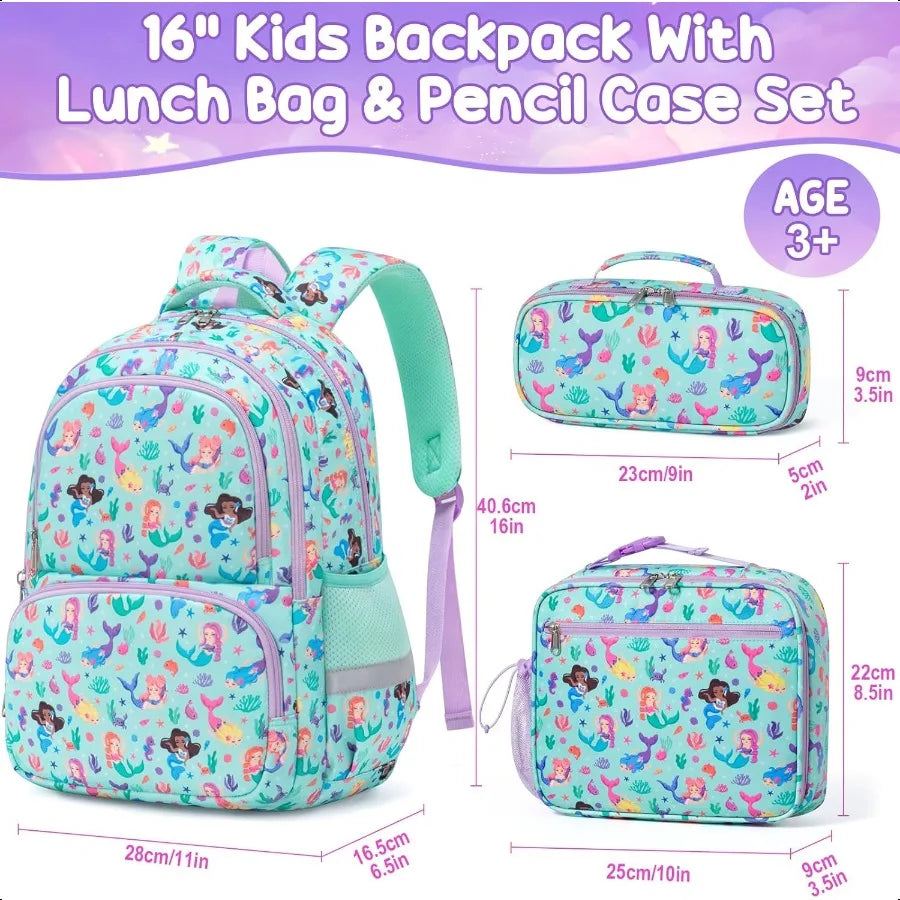 Girls School Backpack 3Pcs Waterproof Set With Lunch Box